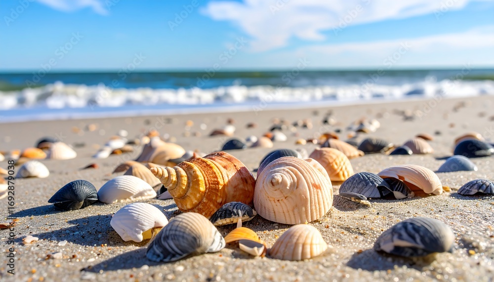 Obraz premium Seashells on Sandy Beach by Ocean