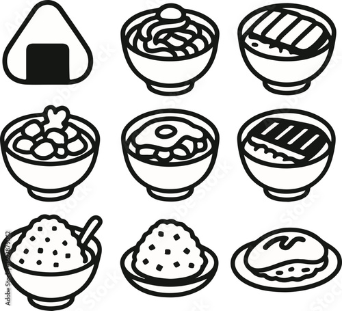 A collection of black and white line art icons depicting various Japanese rice dishes and bowls, including onigiri, donburi, and omurice.