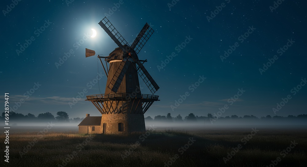 Naklejka premium Antique windmill at night
