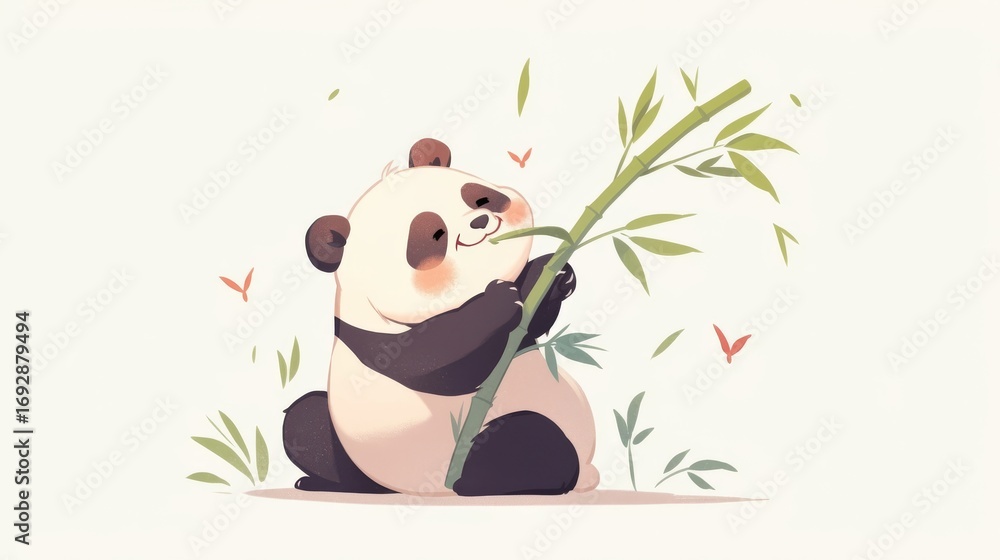Naklejka premium A cartoon panda sits peacefully in a bamboo forest,
