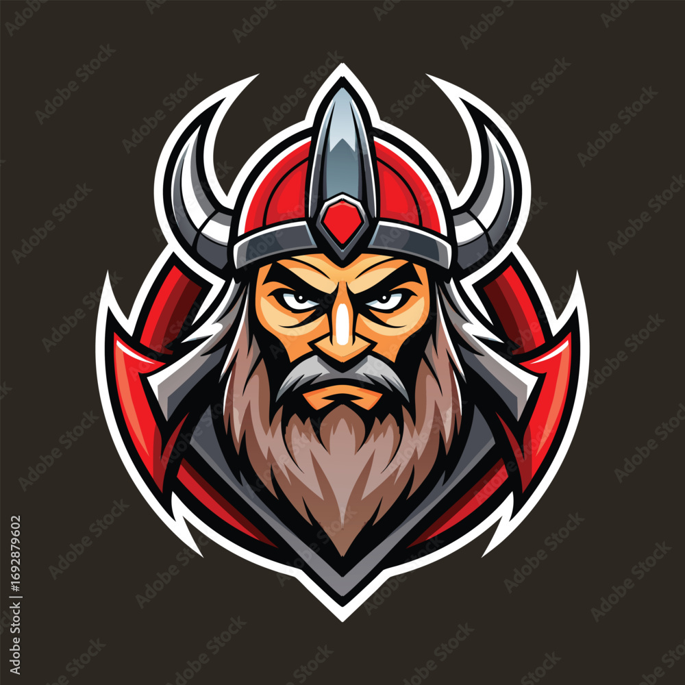 Obraz premium Mascot Logo of Fierce Viking Warrior Head with Horned Helmet and Long Beard Illustration, Norse Warrior Emblem, Mythical Viking Character, Strong Warrior Logo Design for Sports and Branding