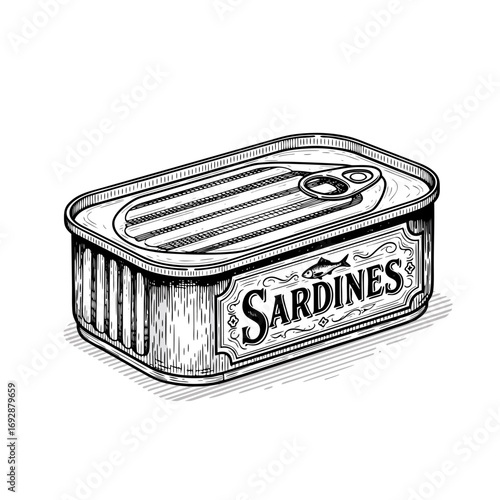 Sardines can, vintage illustration, black and white, for food blogs