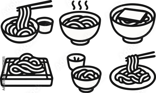 A collection of six black and white line art illustrations depicting various types of noodles served in bowls and on plates with chopsticks.