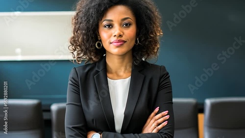 Confident Businesswoman Standing with Crossed Arms in Modern Conference Room