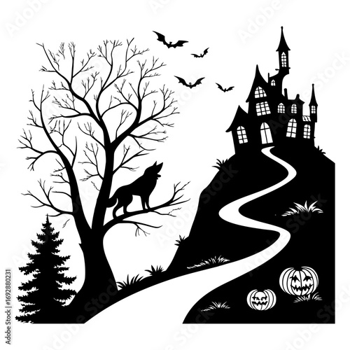 Halloween illustration, ghostly night sky, spooky, scary, haunted, haunted house, haunted church, ghost,