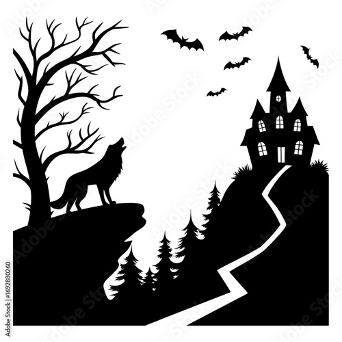 Halloween illustration, ghostly night sky, spooky, scary, haunted, haunted house, haunted church, ghost,