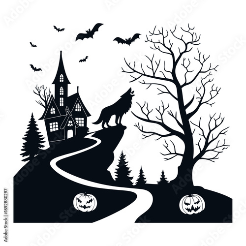 Halloween illustration, ghostly night sky, spooky, scary, haunted, haunted house, haunted church, ghost,