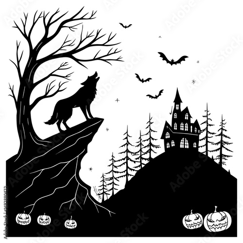 Halloween illustration, ghostly night sky, spooky, scary, haunted, haunted house, haunted church, ghost,