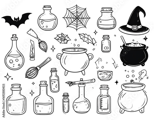 Collection of Halloween-themed witch's supplies