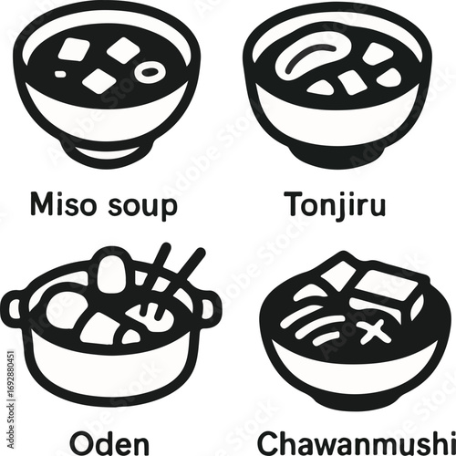 Four black and white line art icons depicting popular Japanese dishes: Miso soup, Tonjiru, Oden, and Chawanmushi, presented in a grid layout.