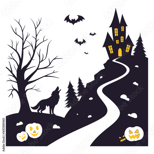 Halloween illustration, ghostly night sky, spooky, scary, haunted, haunted house, haunted church, ghost,