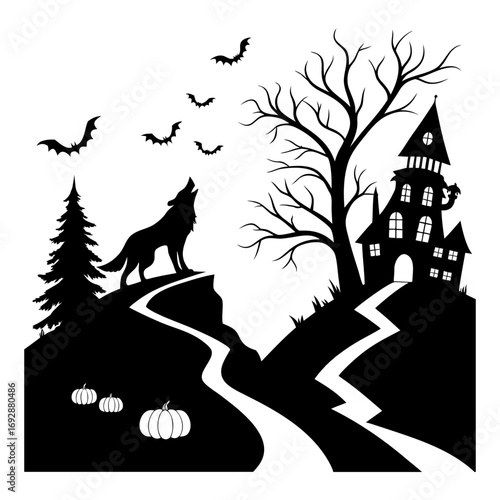 Halloween illustration, ghostly night sky, spooky, scary, haunted, haunted house, haunted church, ghost,
