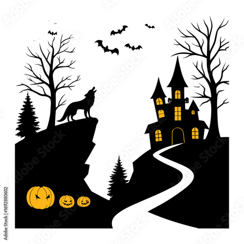 Halloween illustration, ghostly night sky, spooky, scary, haunted, haunted house, haunted church, ghost,