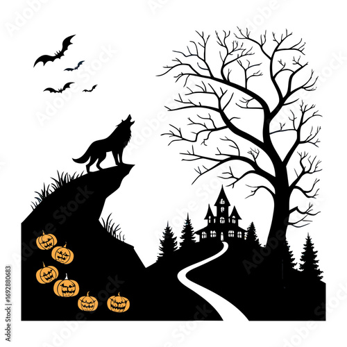 Halloween illustration, ghostly night sky, spooky, scary, haunted, haunted house, haunted church, ghost,