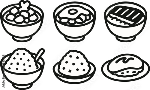 A collection of six black and white line art illustrations depicting various rice-based dishes, including donburi, omurice, and plain rice bowls.