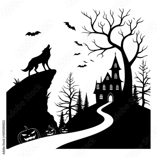 Halloween illustration, ghostly night sky, spooky, scary, haunted, haunted house, haunted church, ghost,