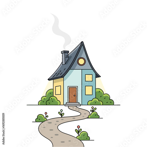 Cartoon house with smoke coming from chimney and winding path leading to the front door on white background