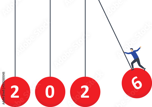 Leadership in setting a plan or course for business development in 2026, motivation in achieving goals in future year, determination for great success or heights, man launches 2026 balloons into work.