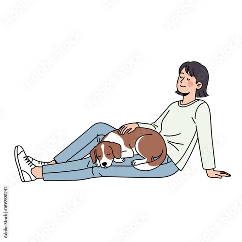 A woman relaxing with her dog sleeping on her lap in a peaceful and serene illustration style scene