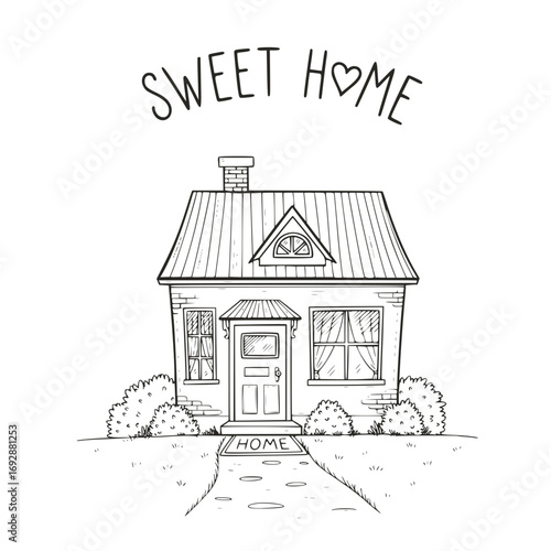 Sweet home illustration, monochrome sketch, for cards - with copy space