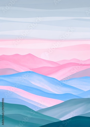 serene pastel layered mountain range dawn landscape illustration