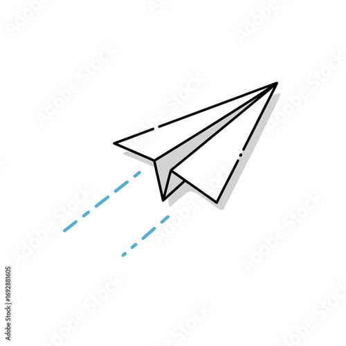 A simple line drawing of a white paper airplane flying with dashed blue lines on a white background