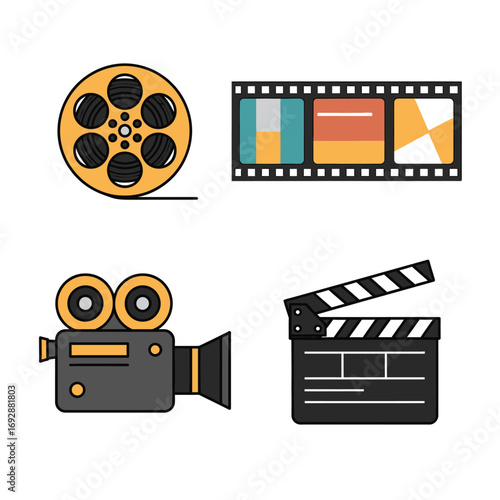 Illustration of film reel film strip movie camera and clapper board on a white background design