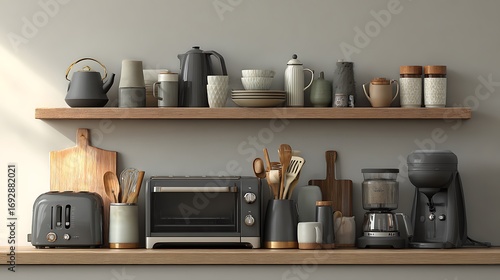 Organized kitchen countertop display featuring toaster oven coffee maker and various utensils