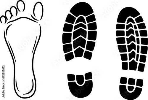 Human Footprint and Shoe Print Icons Set. Vector Illustration of Foot and Shoe Marks Isolated on White Background