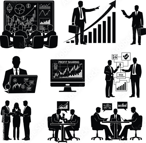 Business meeting presentation with charts, analytics, profit sharing, financial strategy, teamwork, negotiation, risk management, and corporate collaboration concept illustration