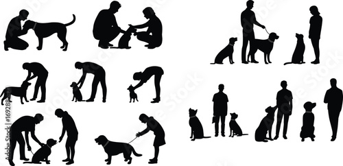 Silhouette people interacting with dogs, training, walking, petting, playing, care moments, family pets, outdoor activities, animal companionship, flat vector illustration