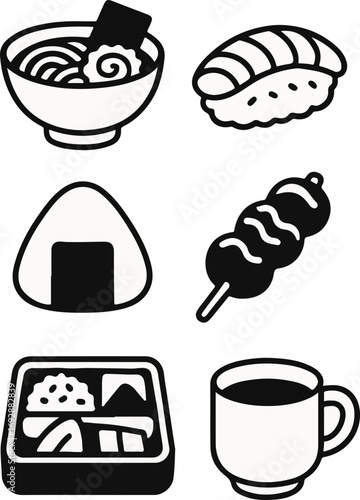 A collection of six black and white minimalist icons depicting various Japanese food items like ramen, sushi, onigiri, dango, bento, and a hot drink.
