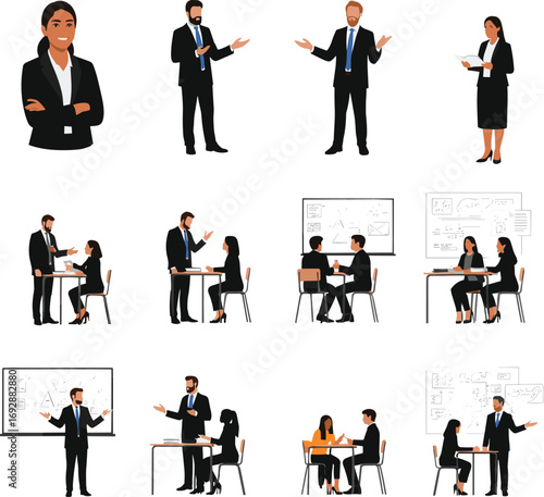 Business professionals in office meetings, presentations, teamwork, leadership, communication, collaboration, education, whiteboard discussion, corporate training, diverse workplace scenes