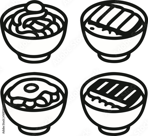 Four simple black and white line art illustrations of various food bowls, including noodles, grilled meat, and egg dishes.