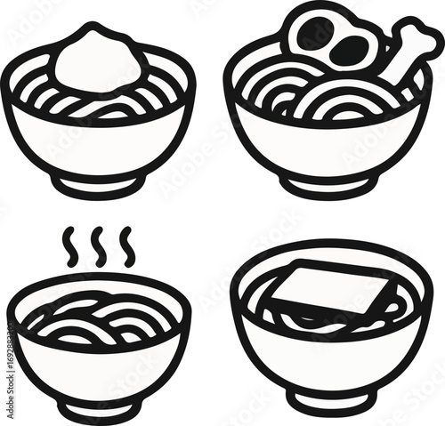 Four black and white line art icons depicting various bowls of noodles with different toppings and preparations, including meat, a dollop of sauce, steaming hot, and a rectangular block.