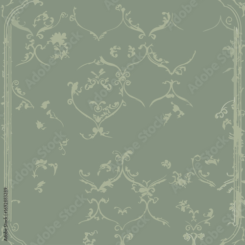 Sage green damask wallpaper pattern with ornate floral designs. Elegant backdrop design for interior design inspiration.
