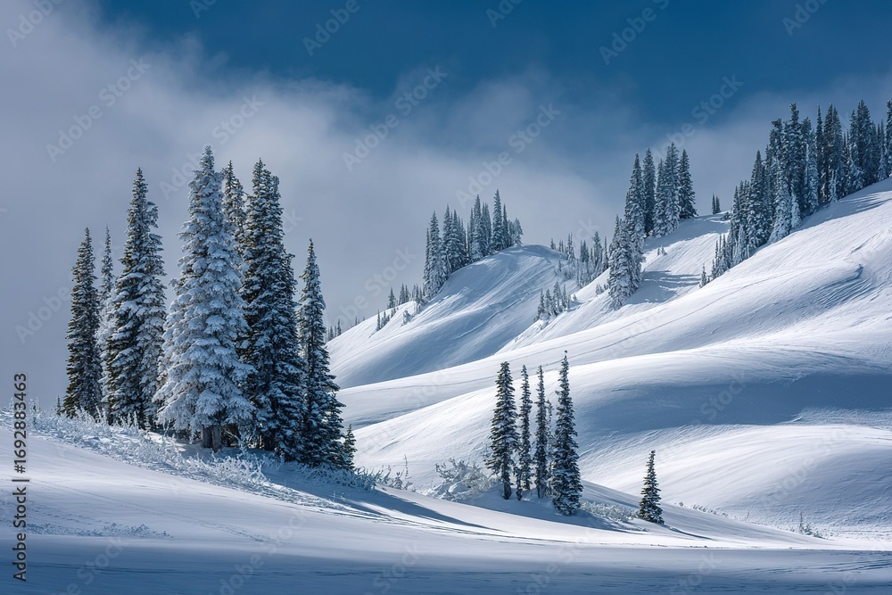 Fototapeta premium Snow-covered landscape showcases tall evergreen trees in a serene winter setting
