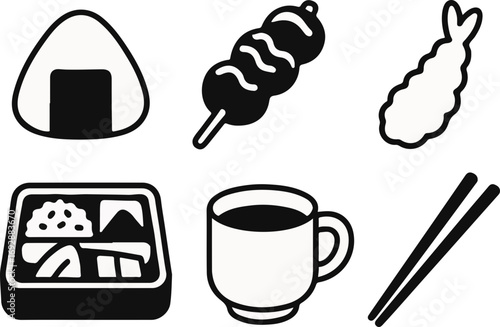 A collection of black and white icons representing various Japanese food items and dining utensils, including onigiri, dango, tempura, a bento box, a cup, and chopsticks.