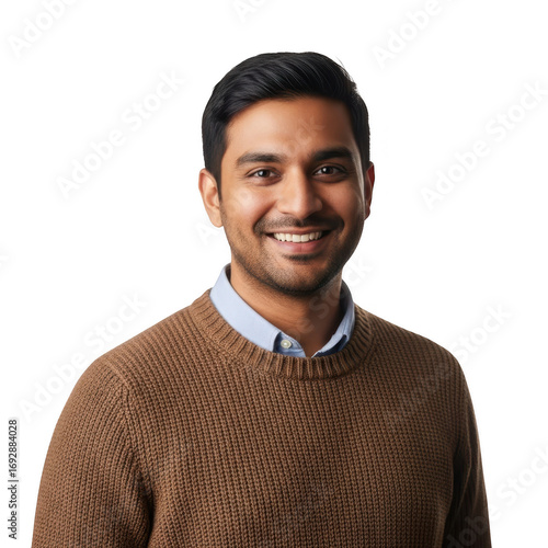 Smiling young man with short dark hair wearing a cozy brown sweater and light blue shirt transparent background