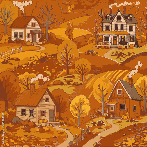 Autumnal countryside scene with rustic homes and fall foliage. Charming houses are positioned on rolling hills strewn with autumn leaves, conveying a sense of peace and tranquility.