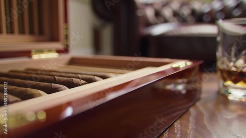 Wooden Cigar Box with Cigars and Glass of Whiskey on Wooden Table Indoors