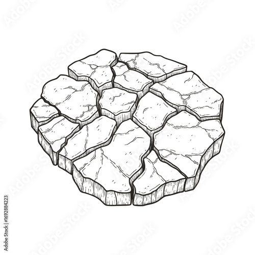 Cracked ground surface in detailed black and white illustration  