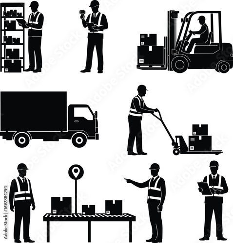 Warehouse logistics operations with workers, forklift, delivery truck, inventory scanning, pallet jack, conveyor belt, supply chain management and distribution process