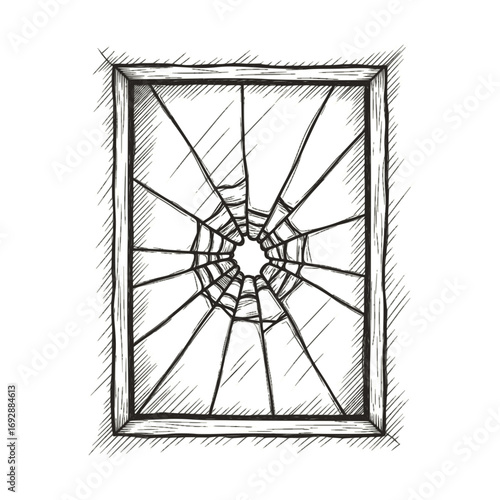 Broken window frame with spider web design in sketch style  