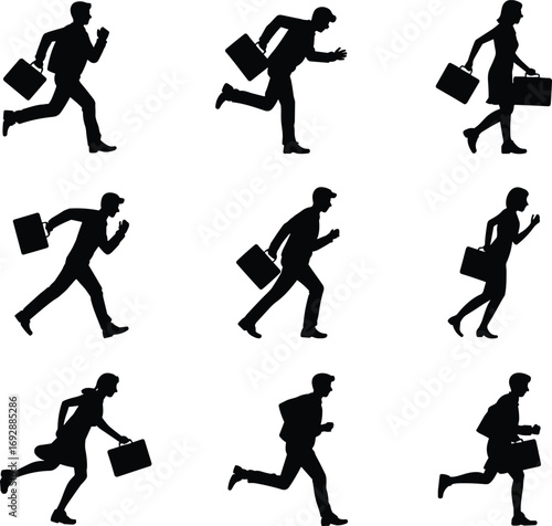 Business people running silhouettes with briefcase, male and female professionals, corporate rush vector illustration, office workers in motion, deadline stress design elements