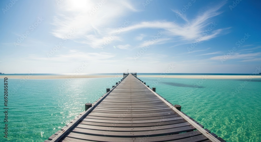 Obraz premium Wooden pier extending into turquoise water, bright sky
