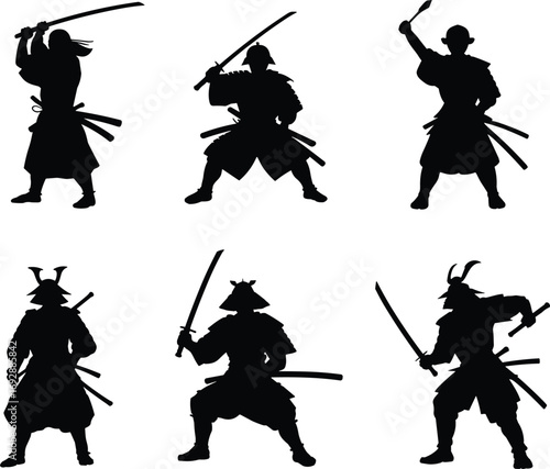 Samurai warrior silhouette vector illustration, traditional Japanese fighters, katana sword poses, martial arts artwork, ancient warrior design, samurai battle stance, cultural heritage graphic