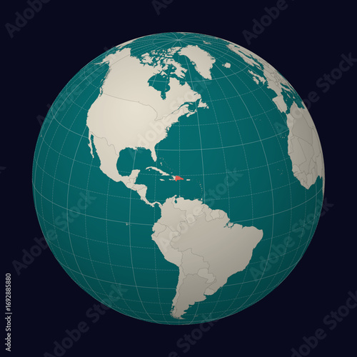 Dominican Republic on the map. Globe centered to Dominican Republic. Country location on the world map. Teal Pale Mint color palette. Globe with countries, meridians and parallels.