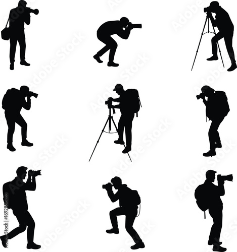 Silhouette photographers with cameras, tripod, backpack, standing, crouching, shooting