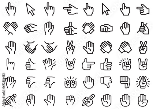 Set of hand gestures icons in black and white, isolated on white background, vector illustration